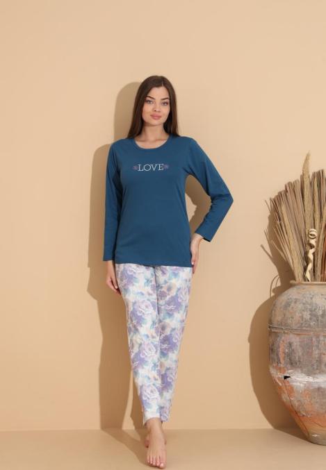 Pijama Dama „LOVE'" ,Pantaloni si Maneca Lunga,Culoare Bleumarin,Engros